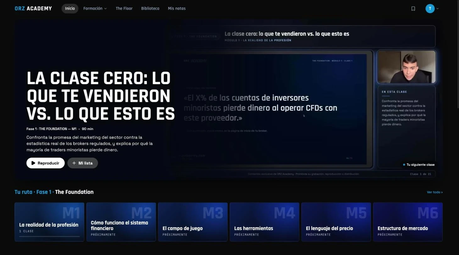 Inicio de la plataforma ORZ Academy con la clase destacada y la ruta de módulos